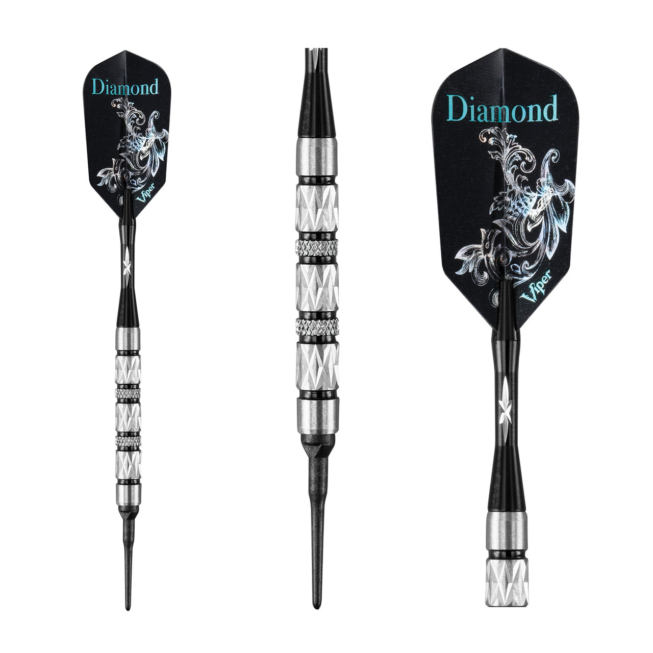 Three views of Viper Diamond Tungsten Soft Tip Dart Set, 16g, with black rings for electronic boards.