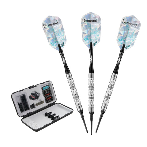 Viper Diamond Tungsten Soft Tip Dart Set, 18g, with white rings and accessories included.