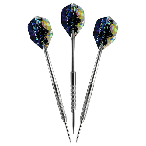 Three Viper Jackal Tungsten Steel Tip Darts, 21g, upright with flights on white background.