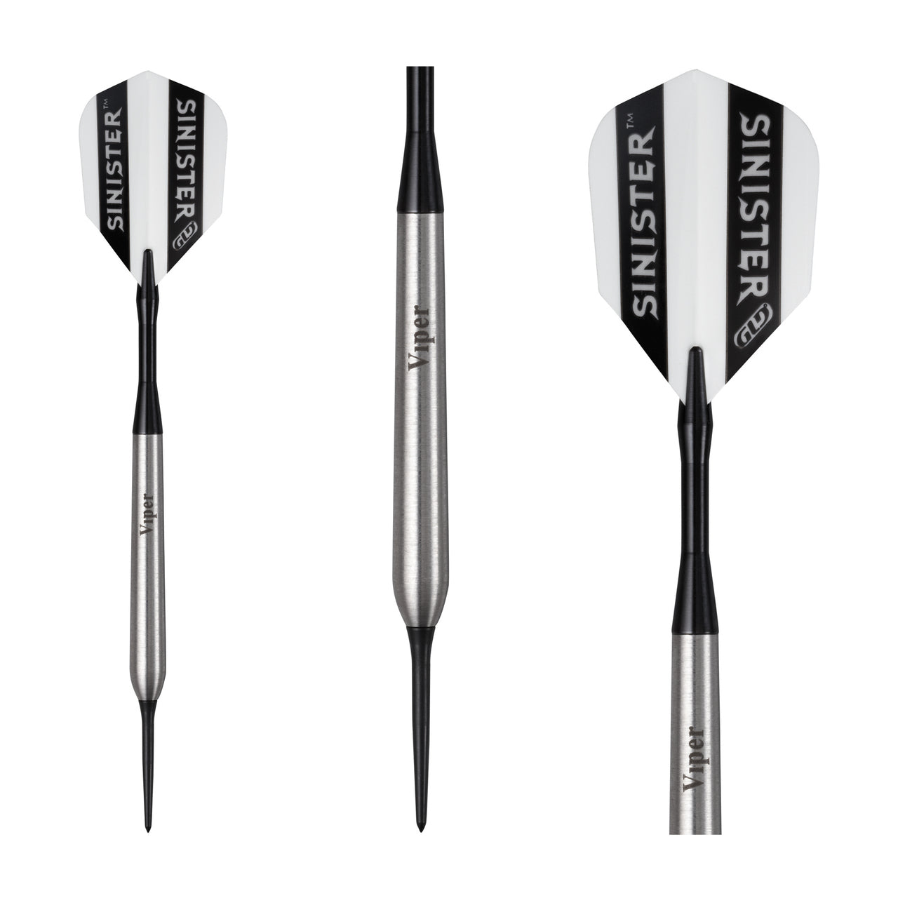 Three views of Viper Sinister 25g steel tip darts with white flights, ideal for sisal boards.