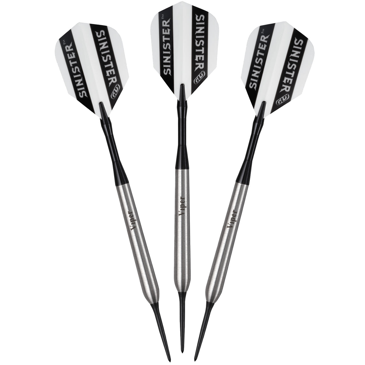 Three Viper Sinister Tungsten Steel Tip Darts are upright on a sisal dartboard.