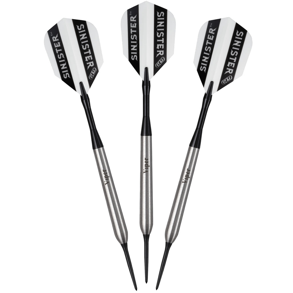 Three Viper Sinister Tungsten Steel Tip Darts are upright on a sisal dartboard.