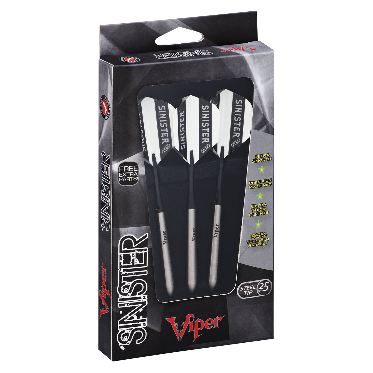 Viper Sinister Tungsten Steel Tip Darts 25g, set of 3, in black and silver by Viper.