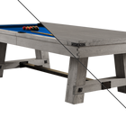 Playcraft Yukon River Slate Pool Table in Northern Drift with blue felt, topped by a tabletop.