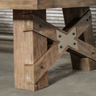 Close-up of Nixon Georgia pool table leg in weathered natural finish with metal X-shaped support.