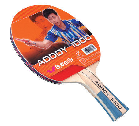 Butterfly Addoy 1000 Table Tennis Racket features packaging with a player in action.