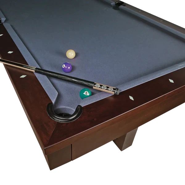 Corner of the American Heritage Billiards Abbey 8' Slate Pool Table in Espresso with balls and cue.