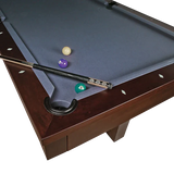 Corner of the American Heritage Billiards Abbey 8' Slate Pool Table in Espresso with balls and cue.