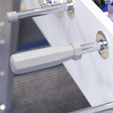 Close-up of a gray handle on the American Legend Manhattan Foosball Table's sleek white panel.