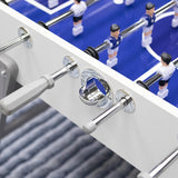 Close-up of American Legend Manhattan Foosball Table featuring handles, rods, and players on blue.