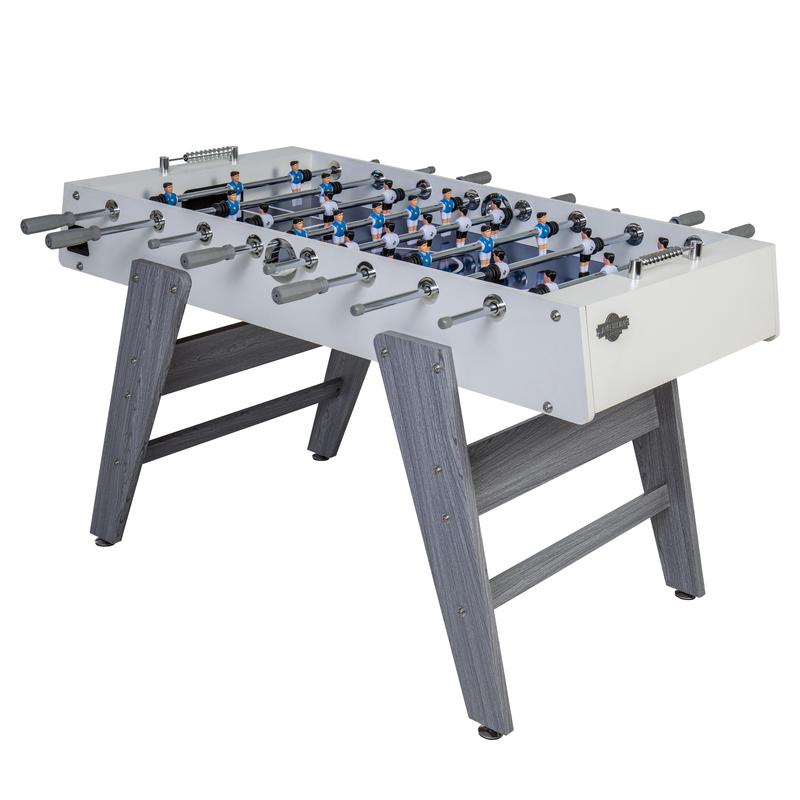 American Legend Manhattan Foosball Table in white/gray with angled wooden legs and player rods.