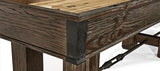 Close-up of Brunswick Billiards Canton 14' Shuffleboard Table in Black Forest with metal accents.