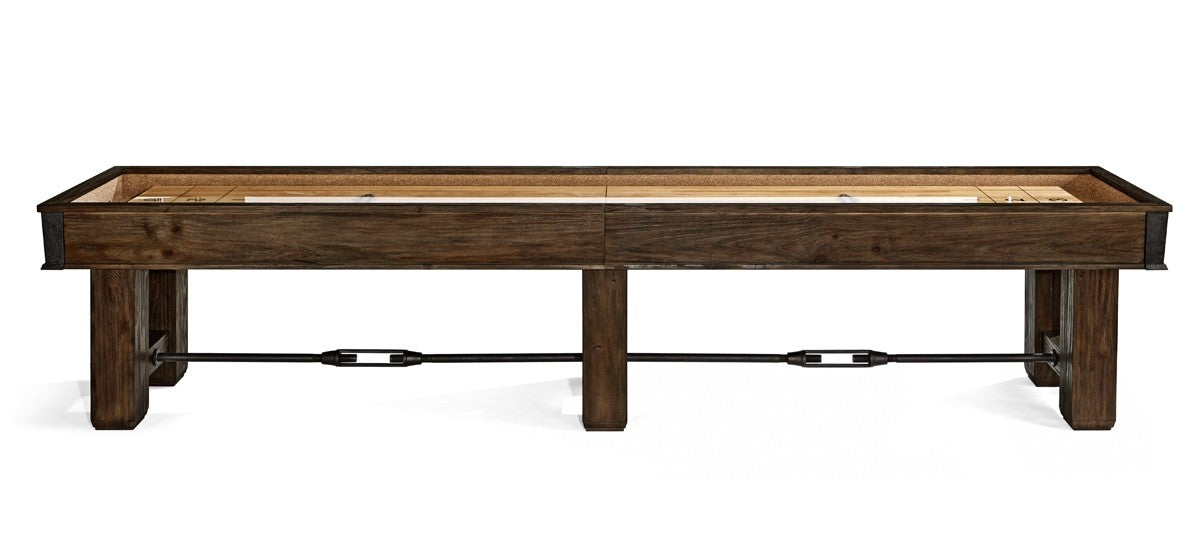 Brunswick Billiards Canton 14' Shuffleboard Table in Black Forest with four legs and metal stretcher.