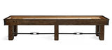 Brunswick Billiards Canton 14' Shuffleboard Table in Black Forest with four legs and metal stretcher.