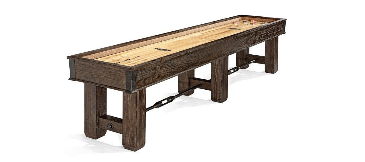 Brunswick Billiards Canton 14' Shuffleboard Table in Black Forest with pucks on white background.