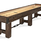Brunswick Billiards Canton 14' Shuffleboard Table in Black Forest with pucks on white background.