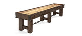 Brunswick Billiards Canton 14' Shuffleboard Table in Black Forest with pucks on white background.