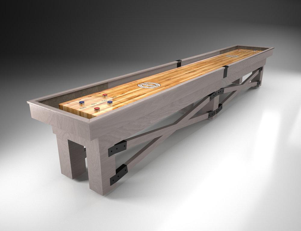 The Champion Rustic 9' Shuffleboard Table features a Canadian Maple playfield and metal supports.
