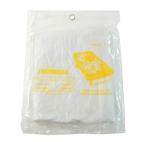 Imperial Clear Vinyl 8' Pool Table Cover, heavy duty, in clear bag with yellow text and illustration.