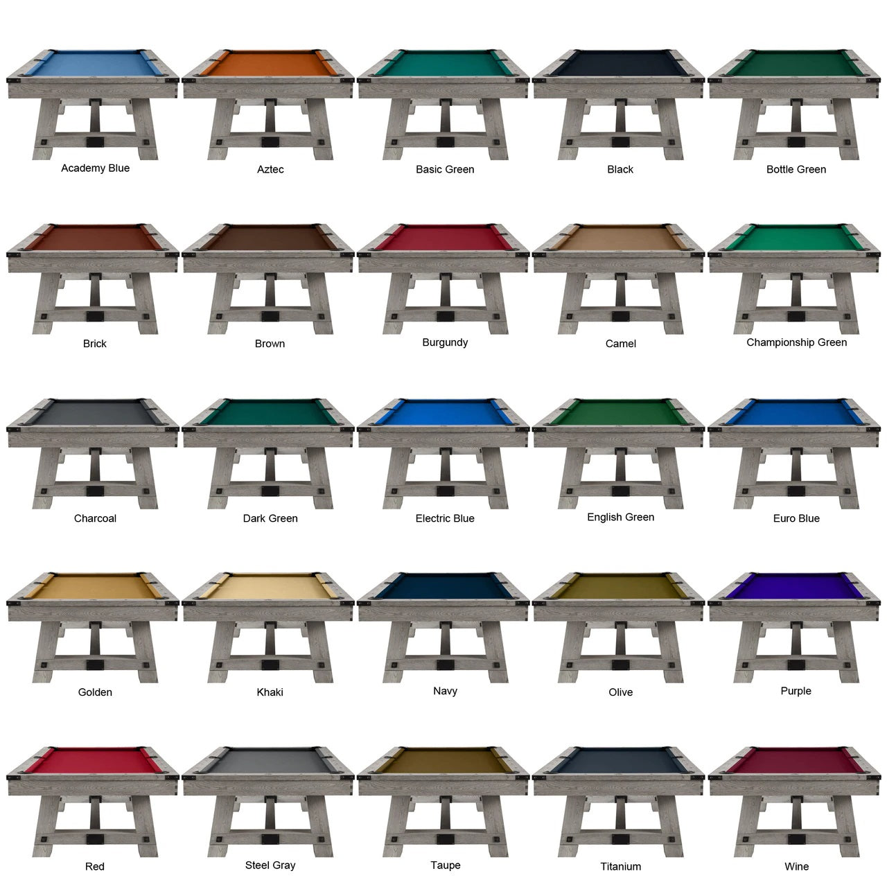 Twenty-four Playcraft Yukon River tables in Northern Drift, each with a unique felt color.