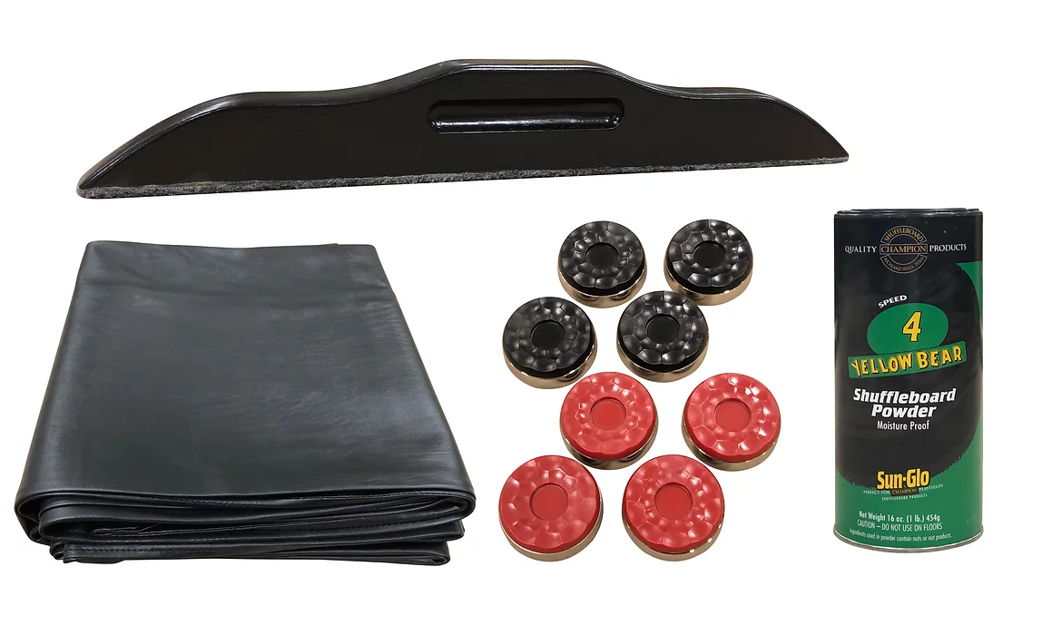 Accessory set for American Heritage Bristol 14' Shuffleboard, incl. cover, pucks, and powder.