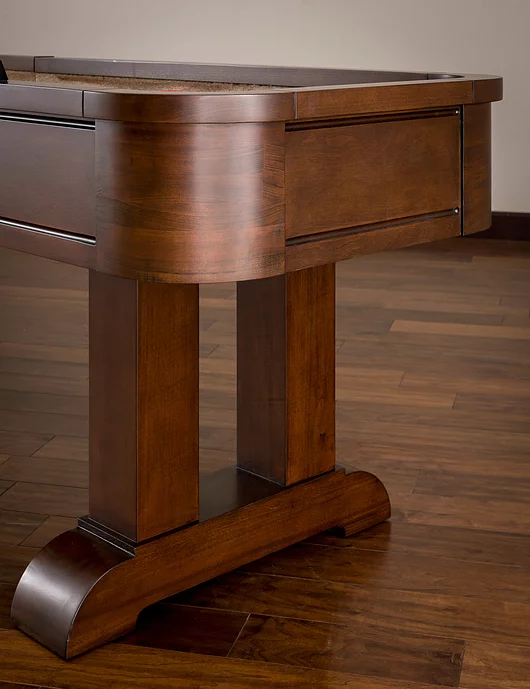 American Heritage Billiards Milan 14' Shuffleboard Table in Navajo, side view on hardwood floor.