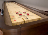 The American Heritage Billiards Milan 14' Shuffleboard Table features a poplar playfield and pucks.