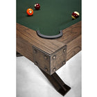 Brunswick Billiards Dameron 8' Slate Pool Table in Nutmeg with balls on green felt, close-up.