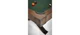 Brunswick Billiards Dameron 8' Slate Pool Table in Nutmeg with balls on green felt, close-up.
