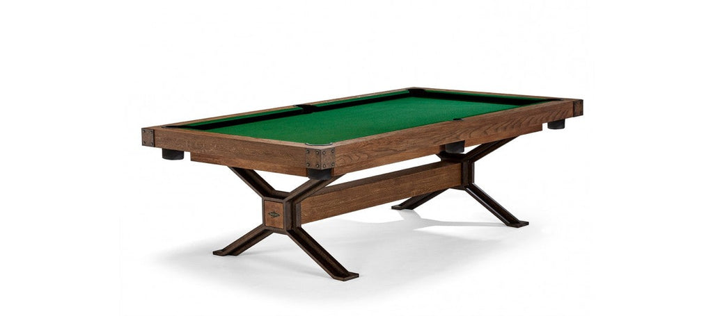 Brunswick Dameron 8' slate pool table in Nutmeg with green felt and angled metal legs.