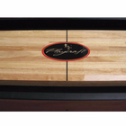 Close-up of Playcraft Woodbridge 14' Shuffleboard Table in Cherry with center logo.