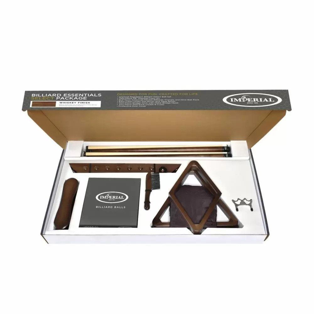 Open box shows Acme Imperial Essentials Select Package in Whiskey with cues, rack, and more.
