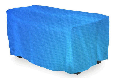Garlando blue waterproof outdoor foosball table cover draped over rectangular furniture.
