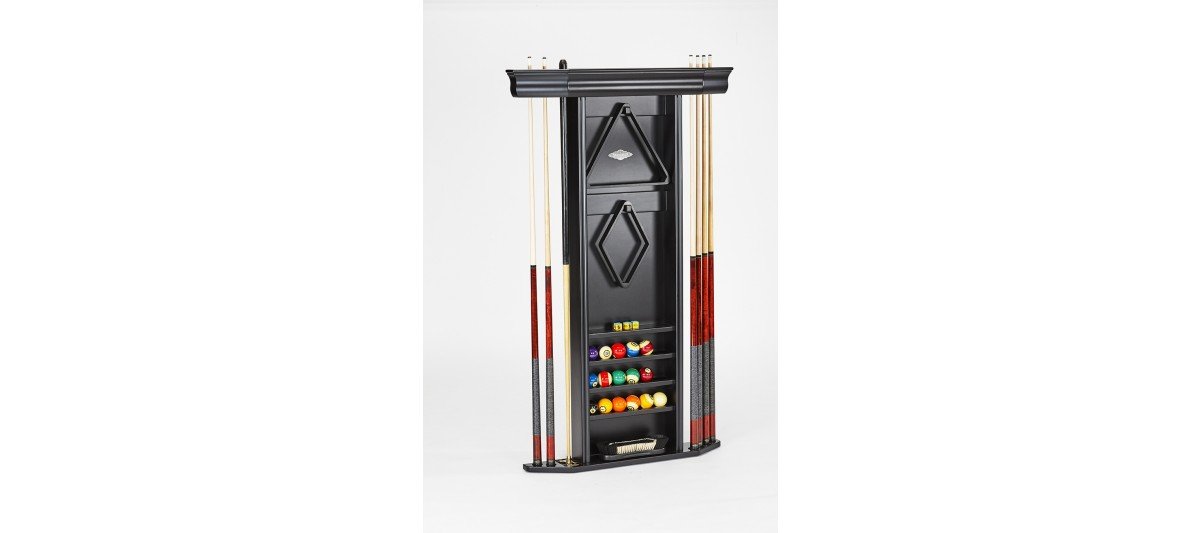 Brunswick Heritage Wall Rack by Brunswick Billiards stores cues, balls, racks, and chalk.