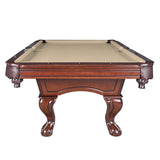 Carmelli Augusta 8' Pool Table in walnut, beige felt, maple veneer, curved legs, end view.