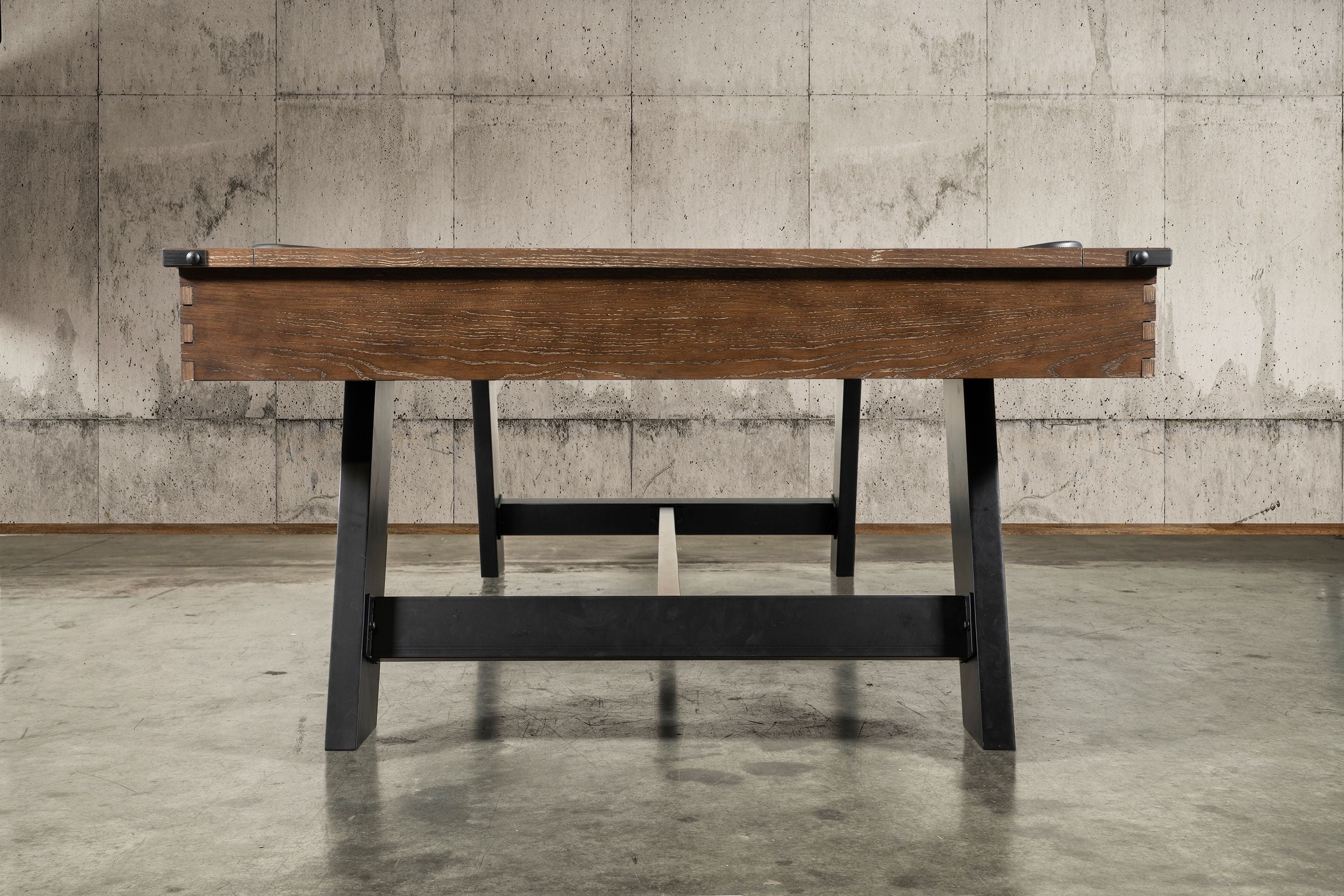 Nixon Billiards Nixon Hunter 7' Slate Pool Table in brushed walnut with black metal legs.