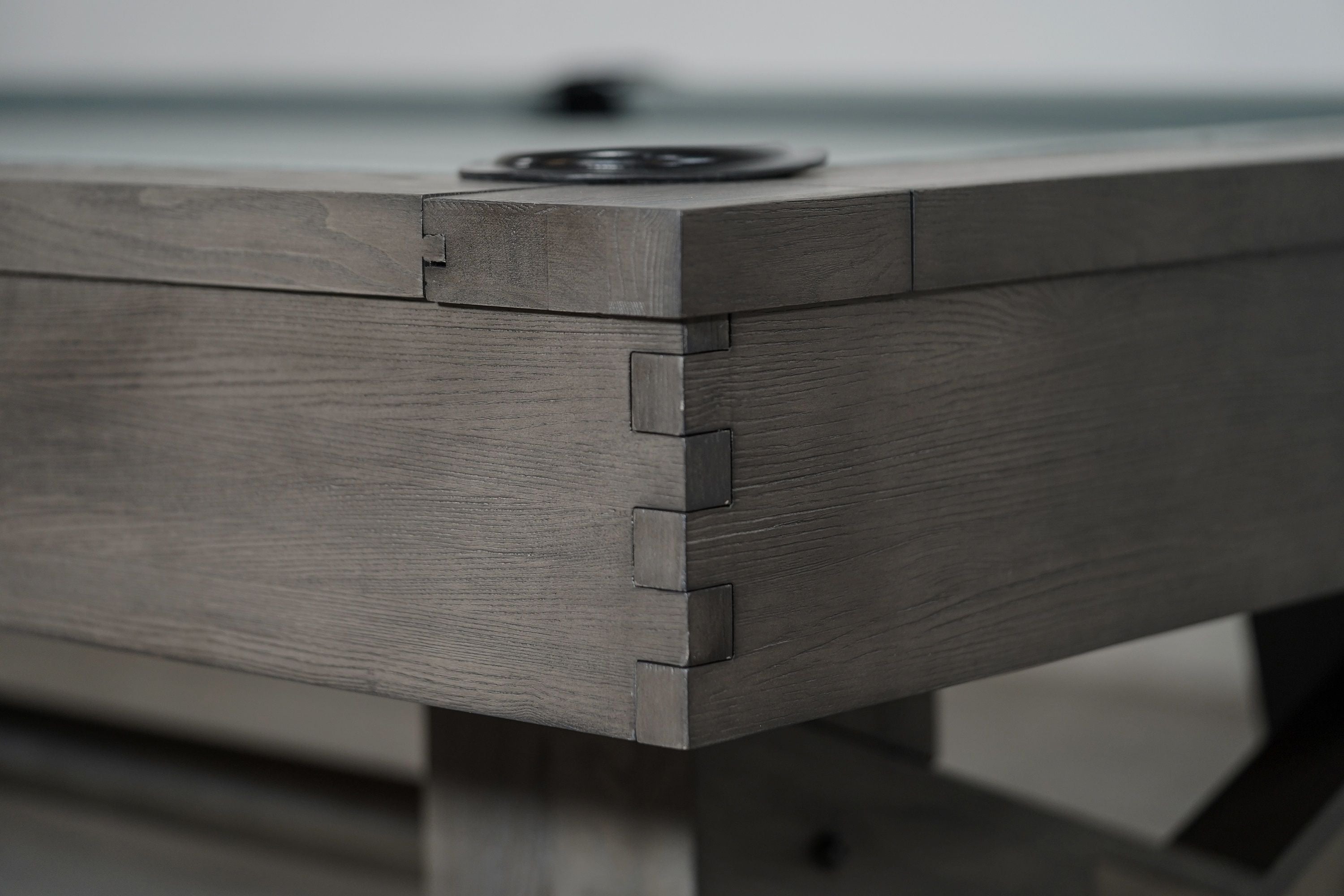 Close-up of dovetail joint on Nixon Georgia 7' Slate Pool Table by Nixon Billiards in Grayson Grey.