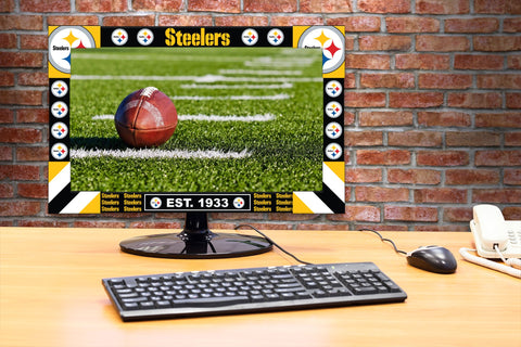 Acme Imperial Steelers Big Game Monitor Frame showcases football field; keyboard, mouse in front.