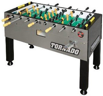 Tornado T-3000 Foosball Table in Silver (Coin) with black legs and yellow handles.