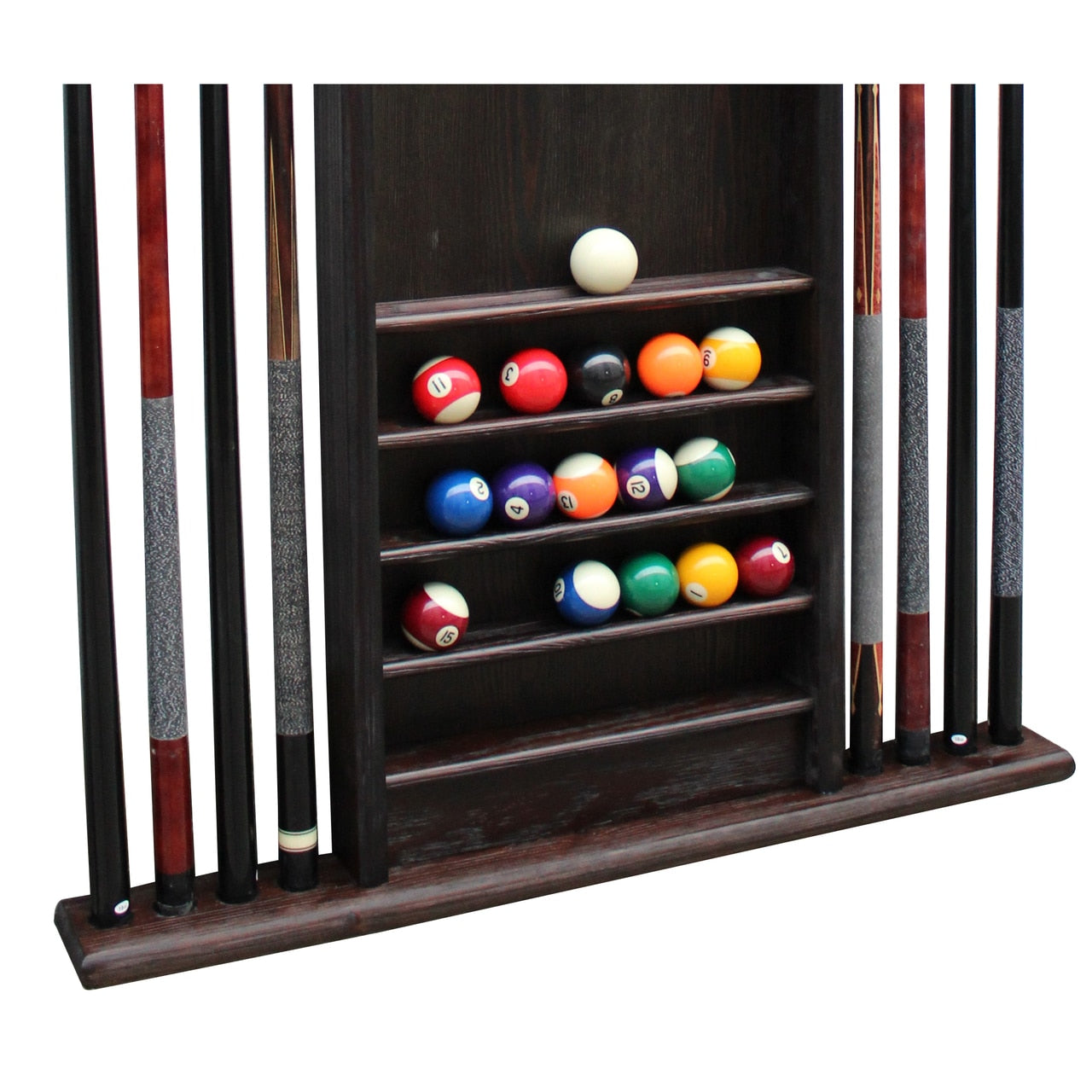 Wall Mounted Weathered Gray Wood Pool Cue Rack, Billiards Accessories Holder and Ball Storage Shelf Set