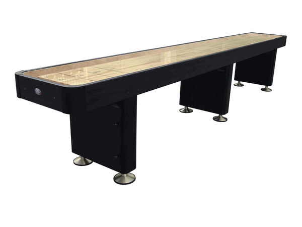 The Playcraft Woodbridge 9' Shuffleboard Table in Black has a light wood top and three sturdy legs.