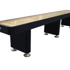 The Playcraft Woodbridge 9' Shuffleboard Table in Black has a light wood top and three sturdy legs.