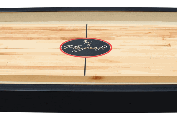 Playcraft Woodbridge 9' Shuffleboard Table in Black—perfect for classic game rooms.
