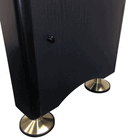 Playcraft Woodbridge 9' Shuffleboard Table in Black with gold disk-shaped feet.