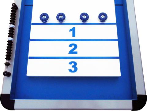 Playcraft Extera 12' silver outdoor shuffleboard table with four blue pucks at the top.