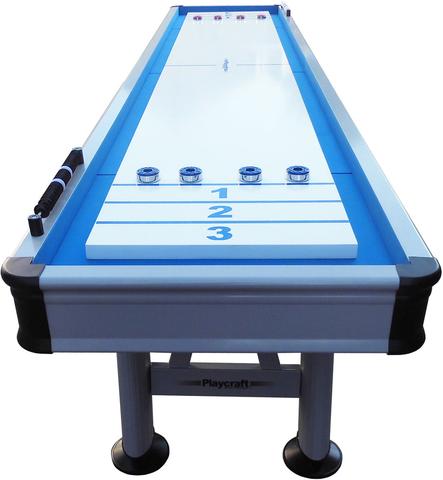 A Playcraft Extera 12' Outdoor Shuffleboard Table in Silver with pucks on the scoring area.