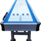 A Playcraft Extera 12' Outdoor Shuffleboard Table in Silver with pucks on the scoring area.
