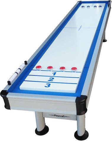 Playcraft Extera 12' Outdoor Shuffleboard Table in Silver with pucks and side scoring marker.