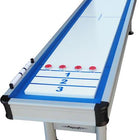 Playcraft Extera 12' Outdoor Shuffleboard Table in Silver with pucks and side scoring marker.