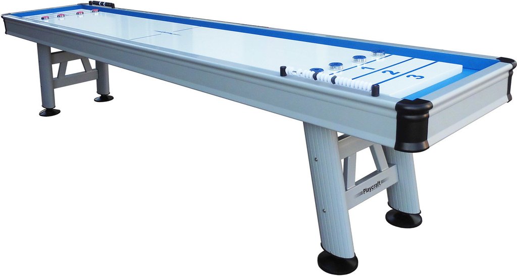 Playcraft Extera 12' Outdoor Shuffleboard Table in Silver with pucks and scoring markers.